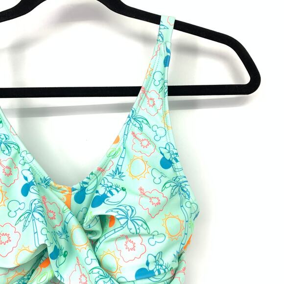 Disney Mickey & Minnie Twist Front One Piece Swimsuit Sz XS Tropical Print Mint - Picture 3 of 6